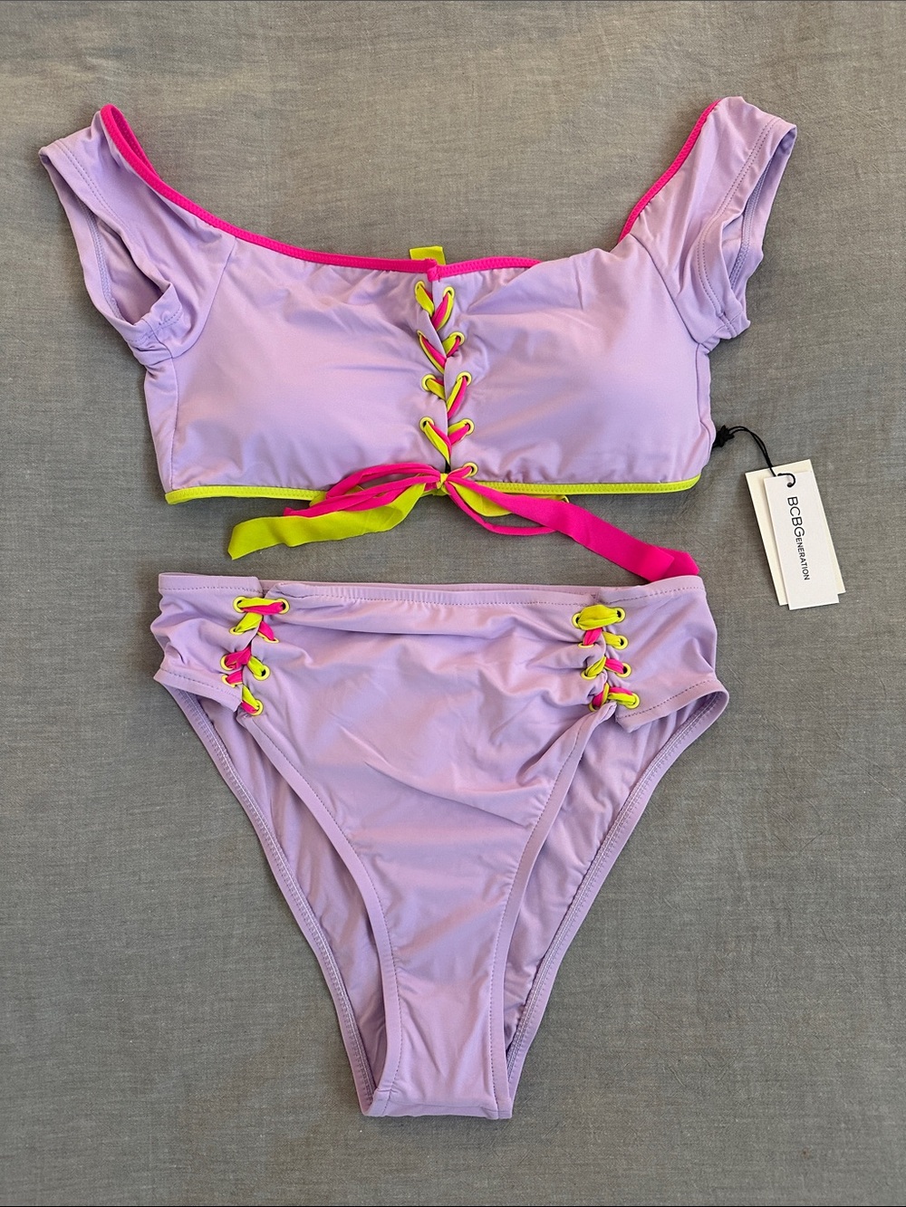 NWT BCBG Lavender Lace-Up Bikini with Neon Trim Medium